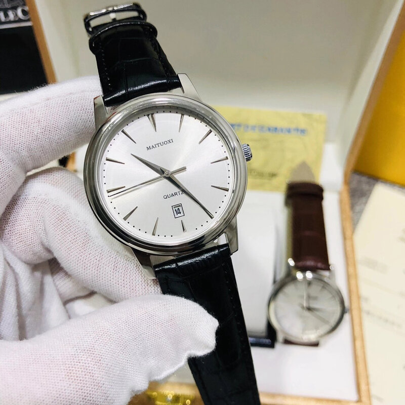 Relógio de quartzo com caixa de aço inoxidável para homens, pulseira de couro, calendário simples, relógios AAA impermeável, luxo superior
