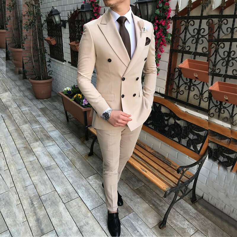 Pria 2 Buah Double-Breasted Notch Suit Kerah Datar Slim Fit Kasual Tuksedo Pernikahan (Blazer + Celana) untuk Pria 2022 Beige