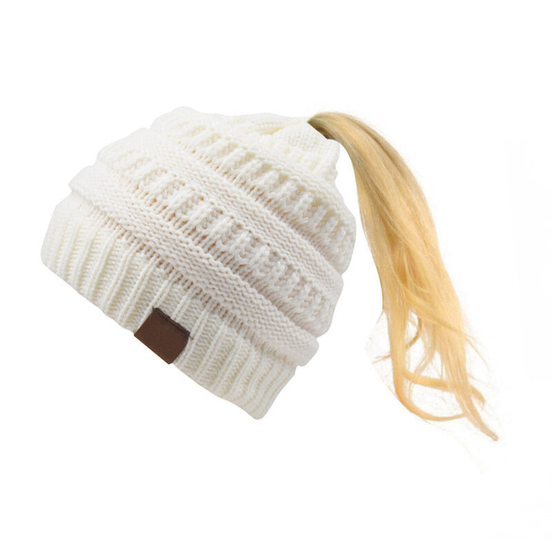 Chapéu de inverno feminino malha gorro tricô elástico cor sólida quente malha boné com rabo de cavalo buraco grosso casual macio ao ar livre boné