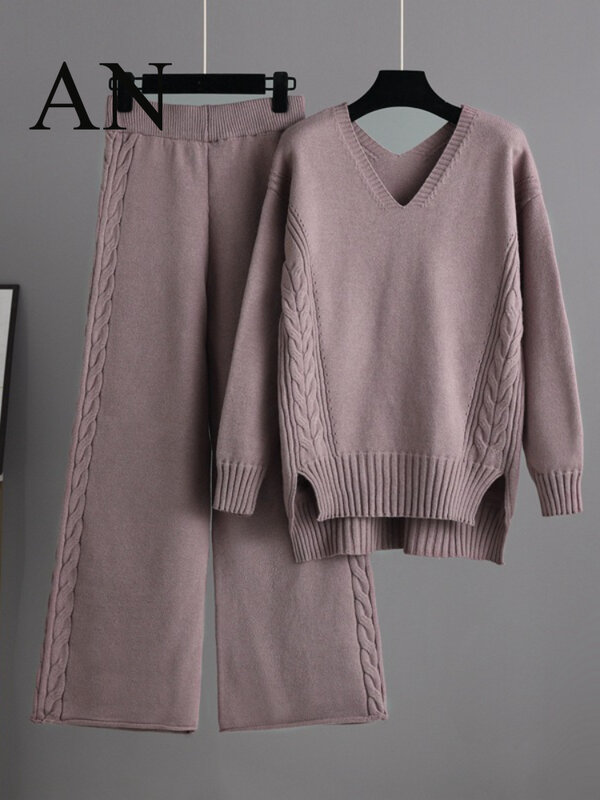 Set Sweter Celana Kaki Lebar Rajutan Musim Gugur Wanita 2022 Temperamen Mode Tebal Longgar Baru Dua Potong Set Wanita Elegan