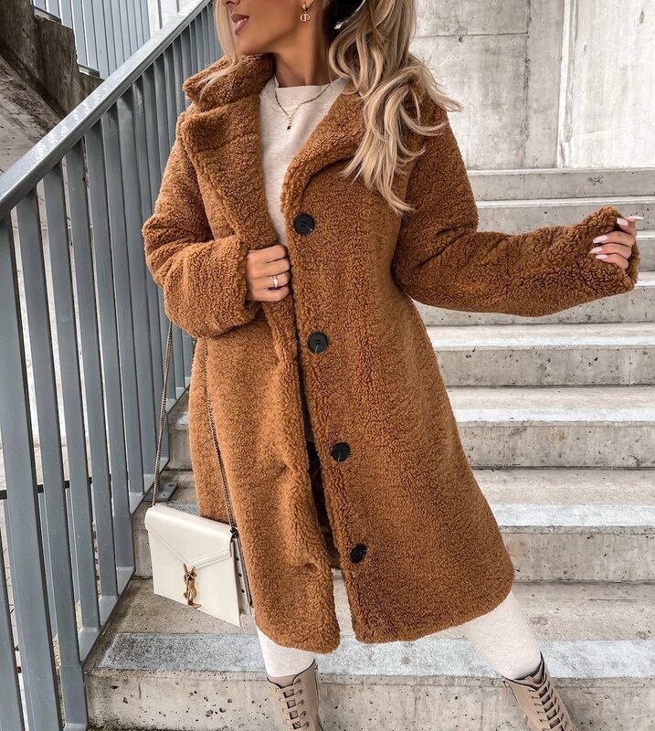 Autumn and Winter Women's Long Sleeved Wool Lapel Plush Top Solid Color Cardigan Single Breasted Medium Length Jacket