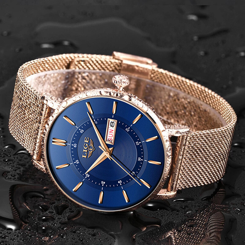 Lige-女性用ステンレススチール腕時計,ゴールドカラー,クリエイティブ,耐水性,女性用,新しいコレクション2022