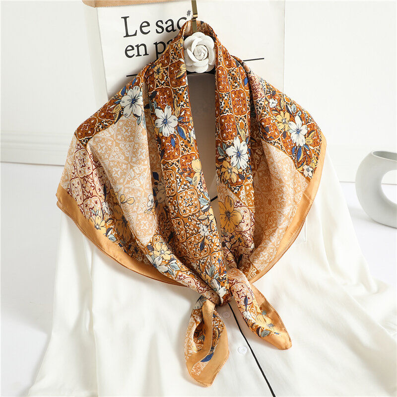 Bufanda cuadrada de seda para mujer, pañuelo con diseño de Hijab, estampado Floral musulmán, Bandana, chal, Foulard, 90cm
