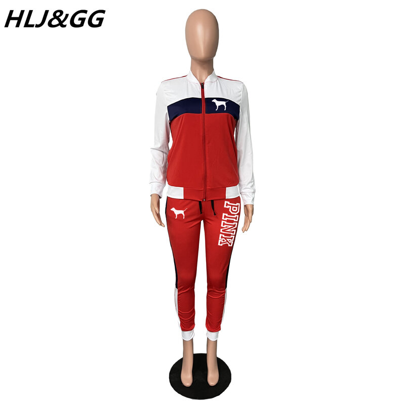 HLJ & GG Pakaian Olahraga Kasual, Set Dua Potong Ritsleting Lengan Panjang + Celana Jogger Musim Semi Merah Muda Cetak Huruf 2 Potong