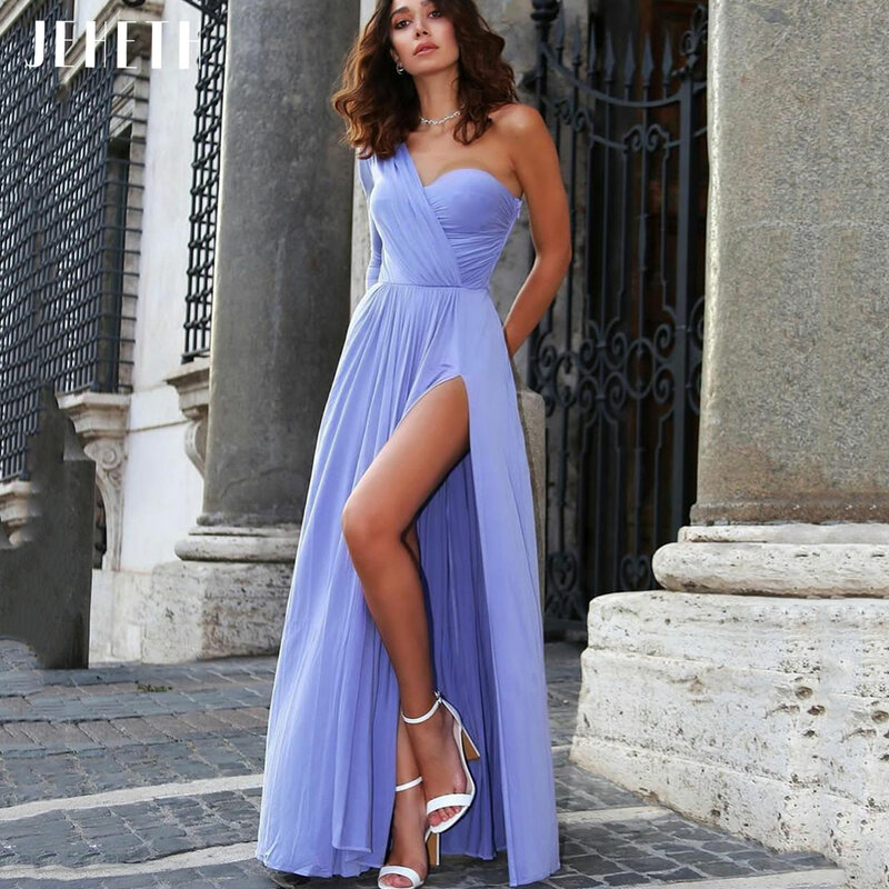 JEHETH Vintage Lavender Long One Shoulder Chiffon Evening Dress Side Slit A-Line Floor Length Zipper Back Formal Party Prom Gown