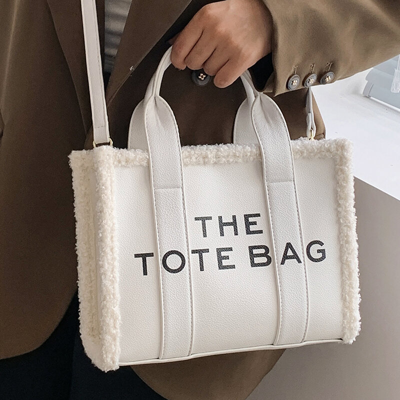 Female White Tote Handbag Medium Pu Leather Furry Letter Print Lovers' Crossbody Bag Top Handle Aesthetic Women's Shoulder Bags
