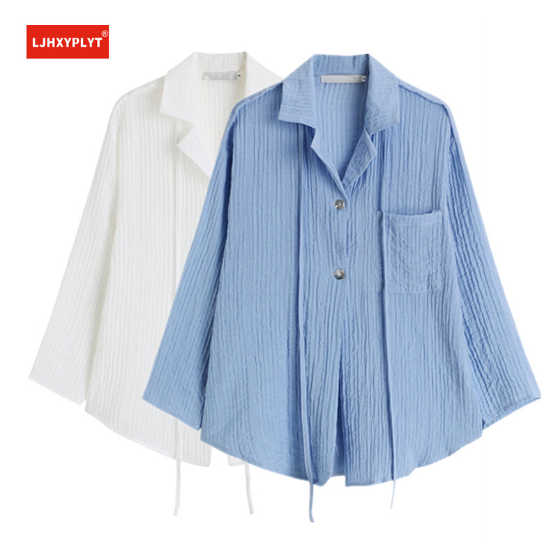 Polo colarinho solto manga longa blusa azul protetor solar camisa feminina primavera e outono novo cardigan plissado textur branco topo feminino