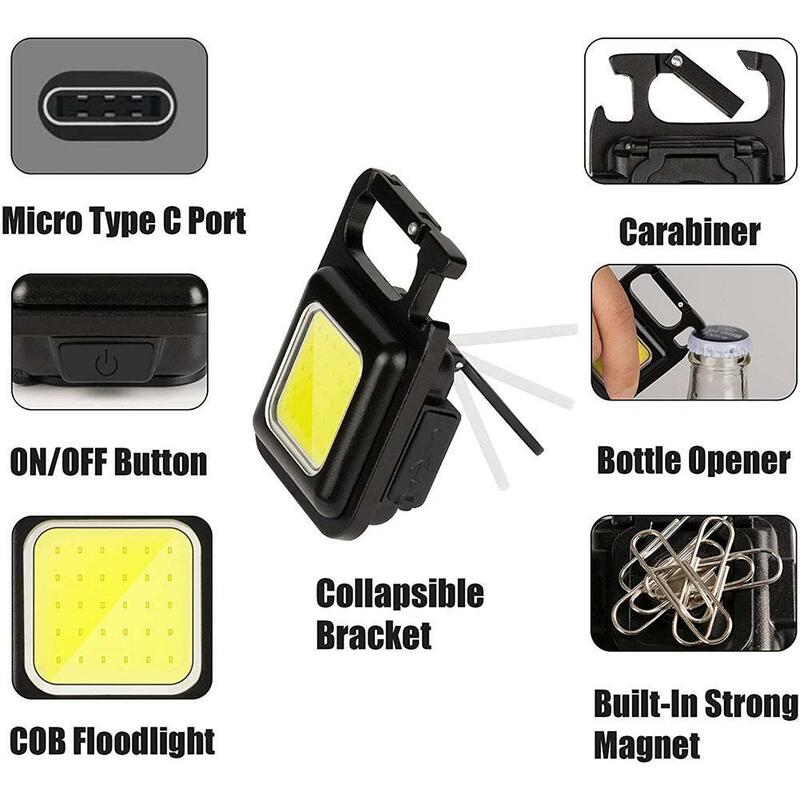 مصباح LED صغير سلسلة المفاتيح الخفيفة متعددة الوظائف المحمولة COB التخييم مشاعل USB شحن أضواء العمل العمل لمدة 5 ساعات