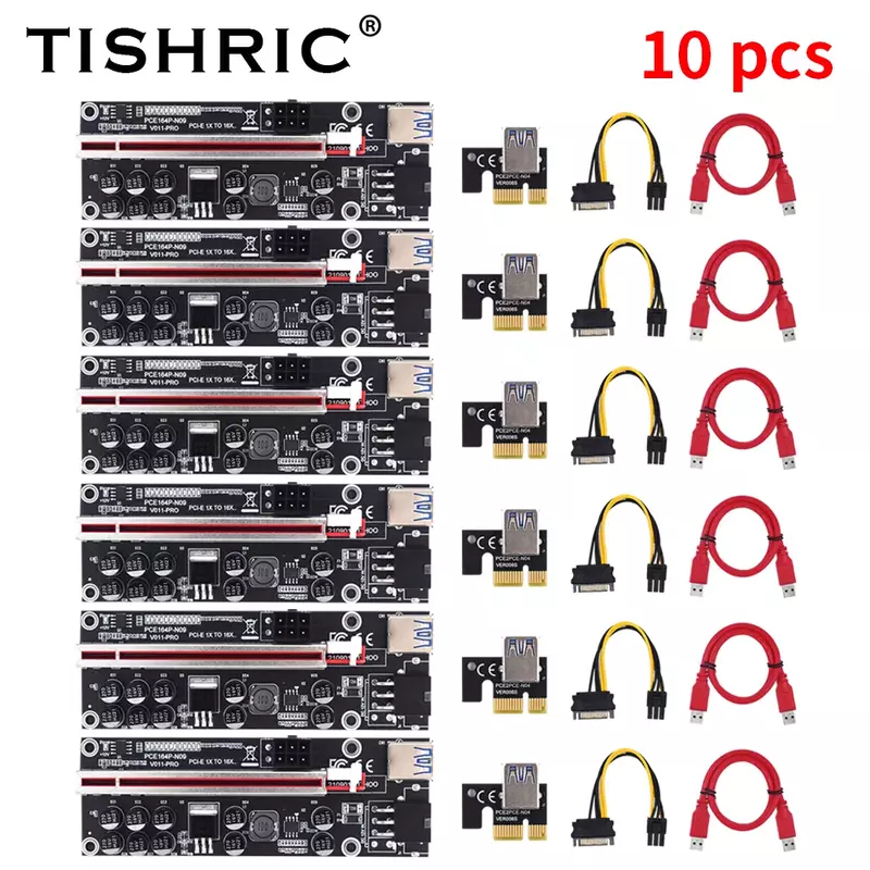 10Pcs TISHRIC GPU PCIE/PCI-E Riser 009S 010 Plus การ์ด PCI E X16 PCI Express 6Pin To 1X USB3.0 LED Mining Riser สำหรับ Video Card