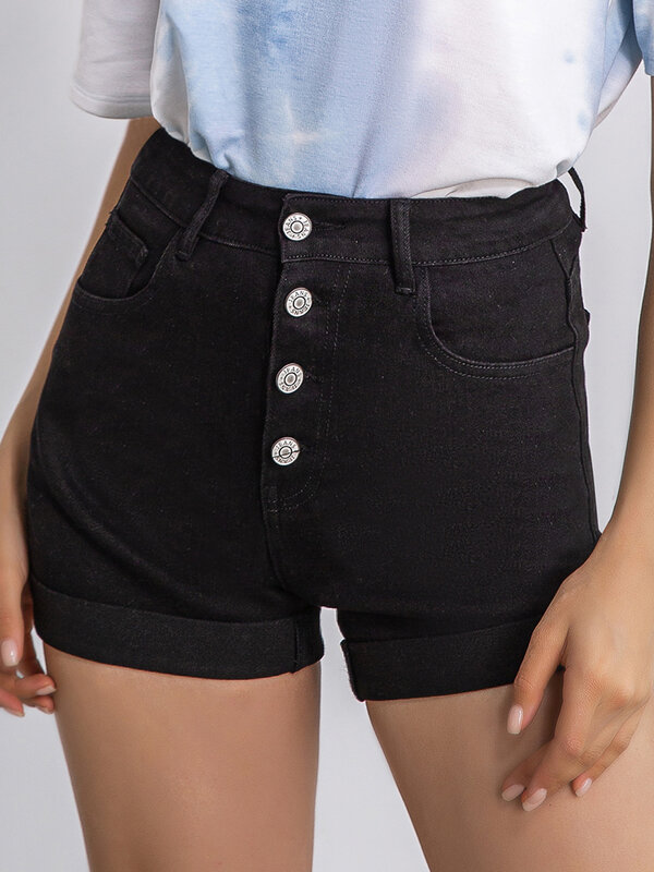 Pantalones vaqueros cortos de tiro alto para mujer, Shorts con bolsillos, elásticos, rectos, ajustados, informales, de verano