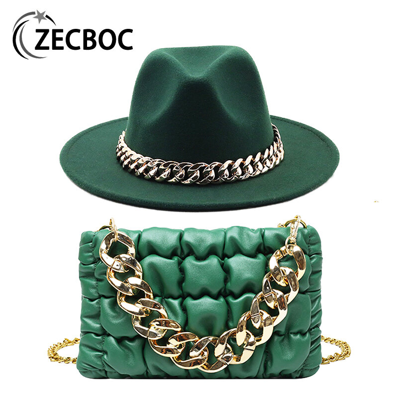 Kapelusz Fedoras kobiety luksusowe akcesoria złota torba na łańcuszku zestaw kapeluszy damska zielona torba z grubej bawełny elegancki cylinder jazzowy i nakrycia głowy na wesela