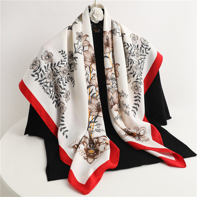 Bufanda de seda de sarga de lujo para mujer, Hijab estampado, diadema musulmana, chal, pañuelo para el pelo, nueva moda, Foulard 90x90cm