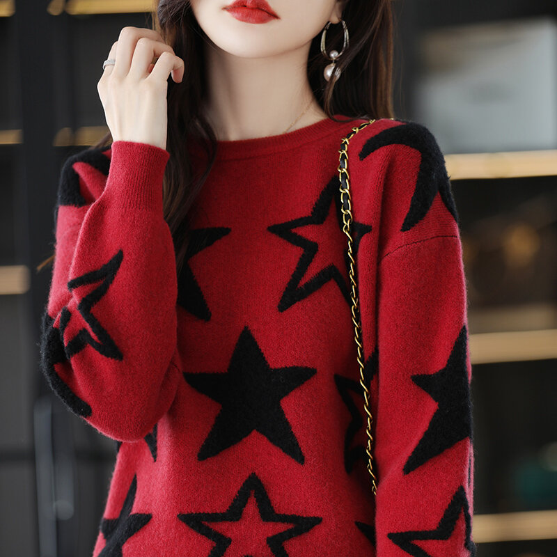 Autumn Winter New 100% Pure Wool Women's Round Neck Allmatch Longsleeved Pullover Sweater Loose Cashmere Knitted Bottoming Shirt