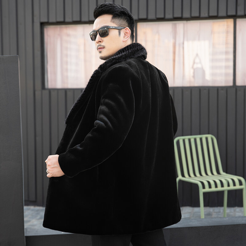 ผู้ชาย Mink เสื้อกันหนาวกลางความยาว Faux Fur Coat ฤดูใบไม้ร่วงและฤดูหนาวหนาเกาหลีสไตล์อินเทรนด์สบาย...