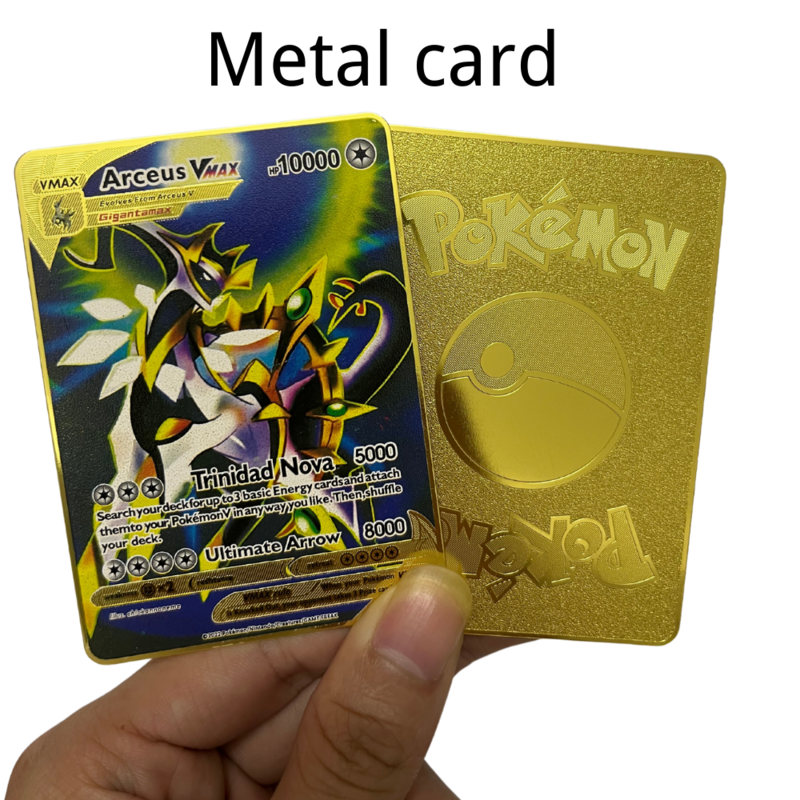 Arceus-Tarjetas de metal de Pokémon vmax de 10000 puntos, pikachu, charizard, edición limitada dorada, regalo para niños, tarjetas de colección de juegos