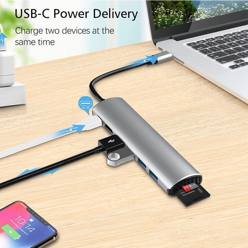USB-C hub 8-em-1 usb c adaptador com 4k 60hz hdmi USB-C e 2 usb a 5gbps portas de dados 100w entrega de energia sd/tf cartão entalhes