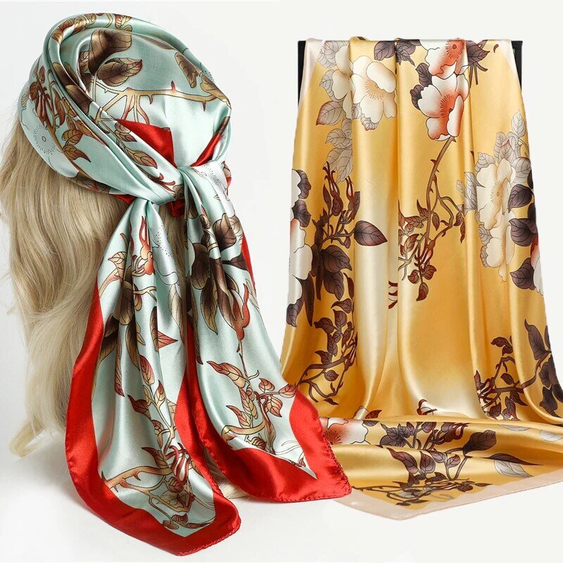 Fashion Floral Print Satin Silk Scarf for Women Luxury Hijabs Bandana 90cm Square Scarves Shawl Wrap Muslim Headscarf Foulard