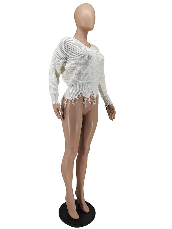 Woman Fashion Deep V Neck Long Sleeve Pullover Fall Winter Elastic Knit Slim Tops Simple Concise Asymmetrical Hem Basic Sweater