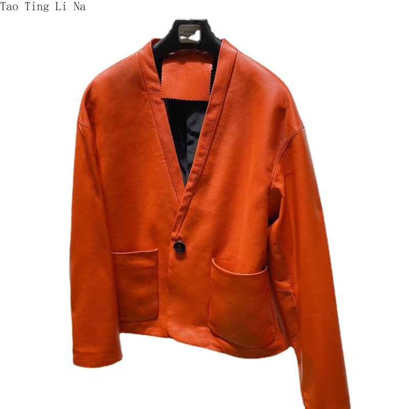 Women Genuine Leather Suit V-neck Real Sheepskin Leather Jacket S2