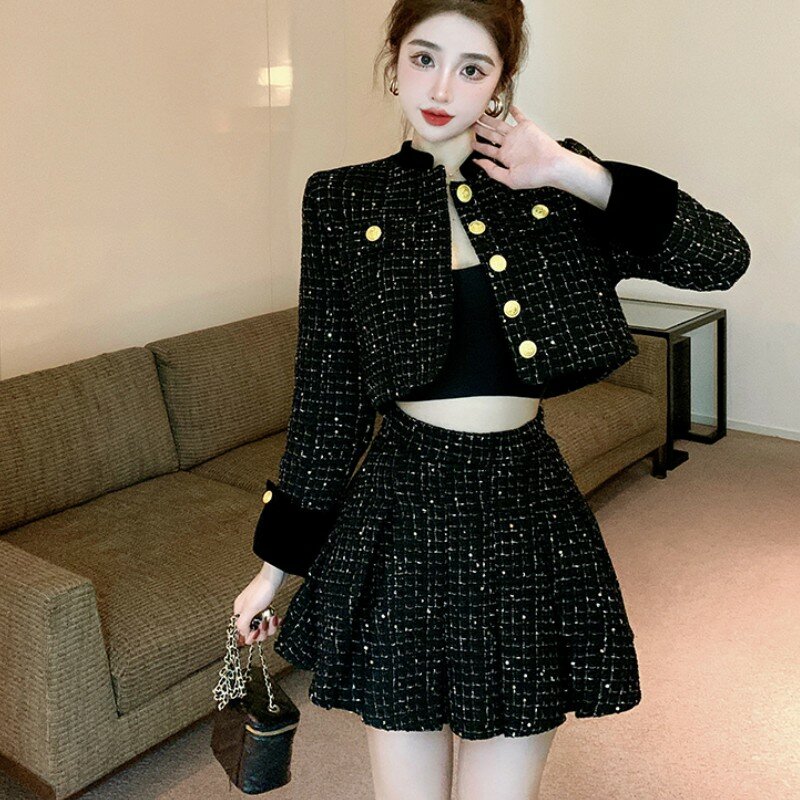 Korean Fashion Two Piece Set Temperament Vintage Small Fragrance Women Plaid Tweed Short Jacket+Pleated Mini Skirt Suits Female