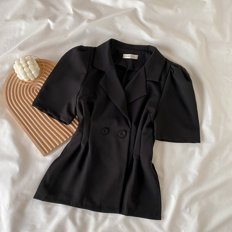 Conjunto de dos piezas de falda corta para mujer, traje negro con cuello de manga corta, informal, coreano, holgado, Verano