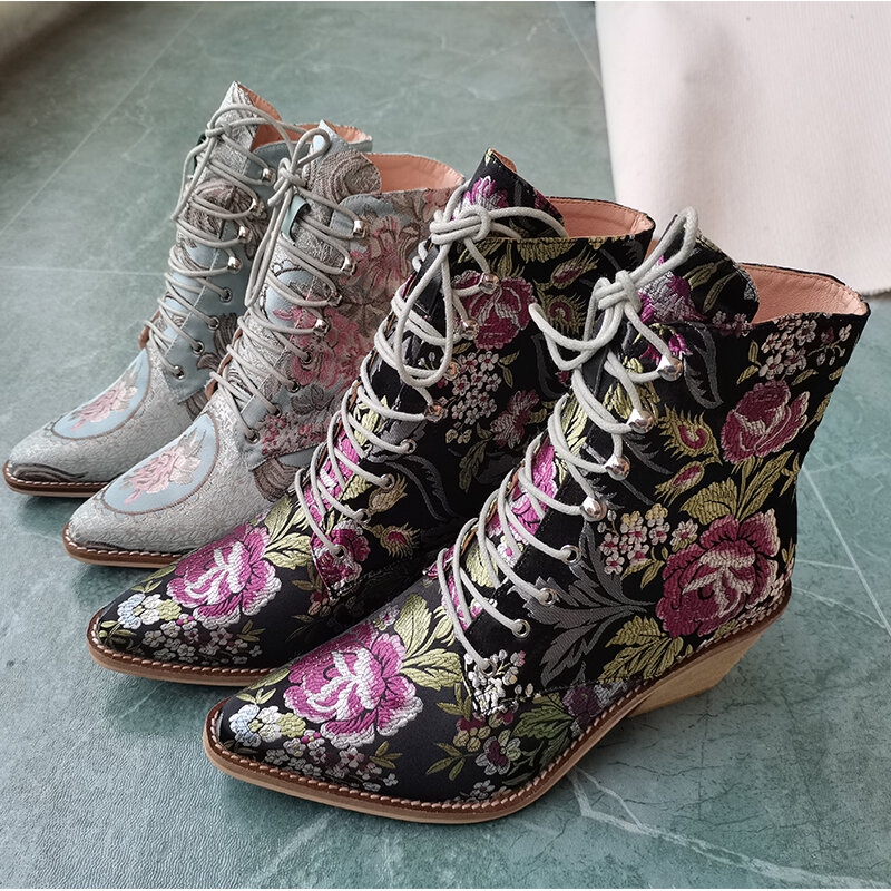 Sepatu Bot Pergelangan Kaki Wanita Ukuran Besar 22-26.5Cm Gratis Pengiriman Sepatu Wanita Bot Bordir Botines Mujer Botte Femme Bottin Flower