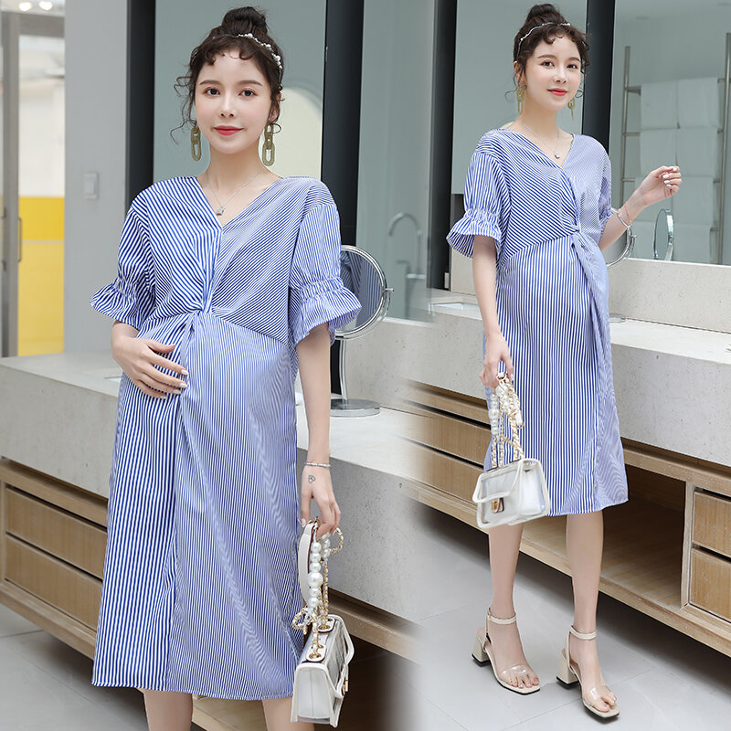 Vestido de maternidad A rayas para mujeres embarazadas, ropa elegante  ajustada de línea A, moda Coreana de verano, 1866 #2022 / Ropa de maternidad