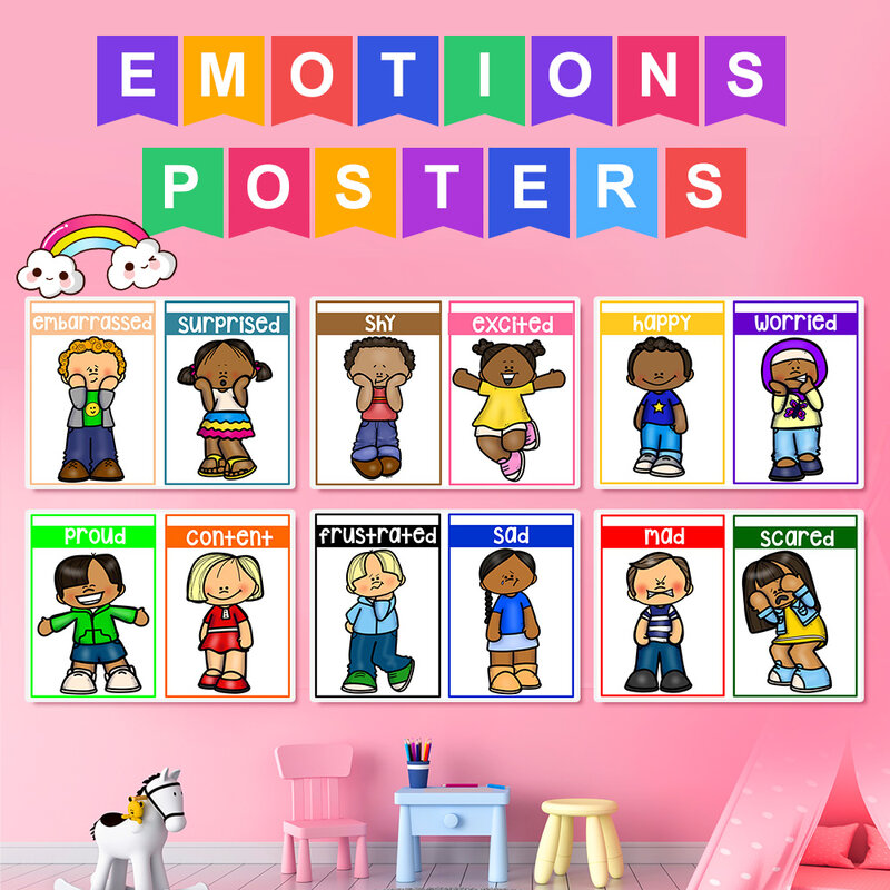A4 6pcs Cartoon Emotions Feeling Posters English Education Flashcards Preschool Charts Classroom Decor Kids Learning Toys