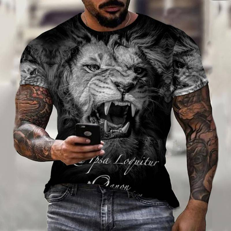 T-Shirt manches courtes homme, estival et décontracté, estival et coloré avec imprimé Prairie Cross Fun Lion King en 3D, à la mode