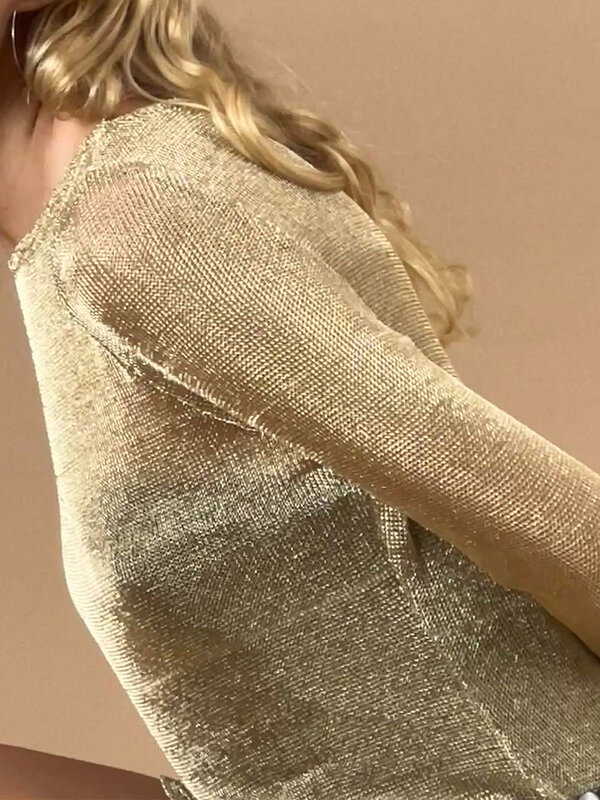 Women's Glitter Mini Shiny Silk Gold Silver Sheer Dress  Fashion Long Sleeve Round Neck Solid Color Club Dance Prom Dress