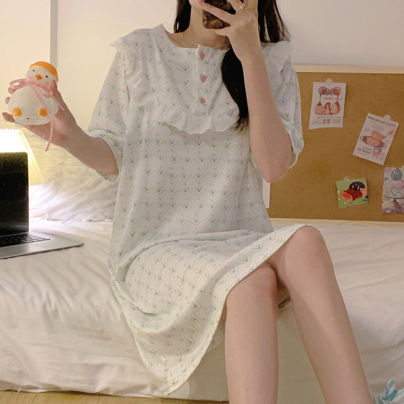 Pijama coreano para mulher doce doll collar ins camisola de verão novo pijamas de manga curta rendas pijamas fora da casa