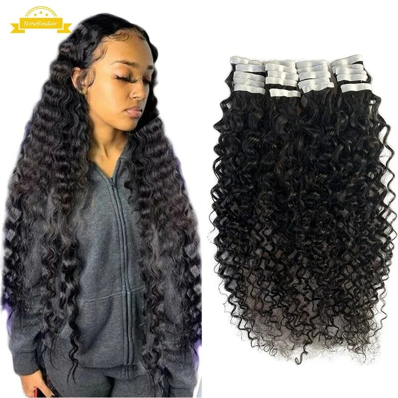 Loose Deep Wavy Tape in Hair Extensions 120g/set Natural Black Curly Wave 100% Real Human Hair Extensions For Women