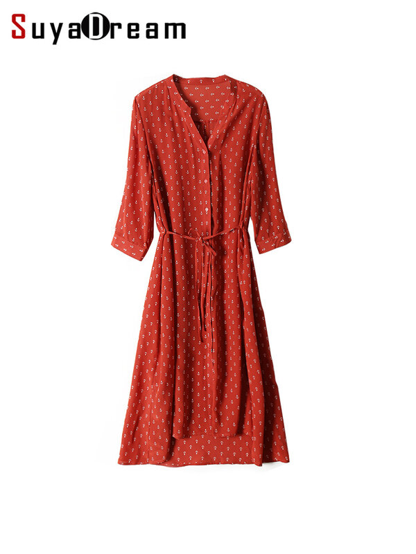 SuyaDream Woman Long Dress 100%Silk Crepe V neck Printed Sashes Shirt Dresses 2021 Autumn Summer Red Dresses
