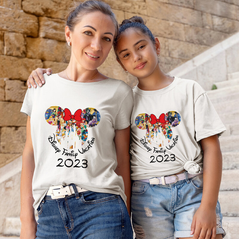 Disney Férias Em Família Camisetas Femininas Verão 2023 Minnie Pricness Imprimir Ropa Estética Mujer Streetwear Casual Tops Blusas