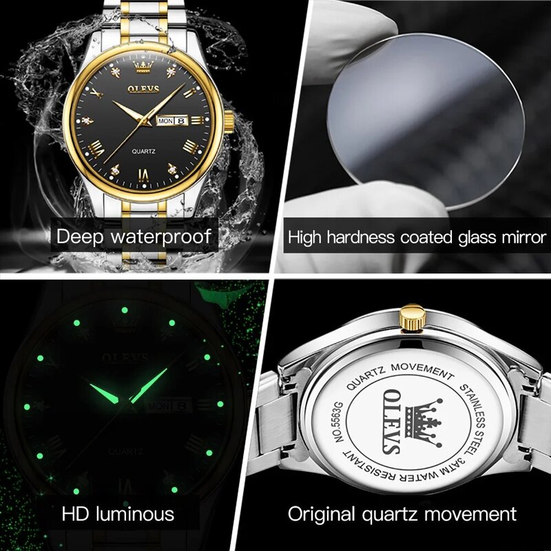 OLEVS ควอตซ์กันน้ำนาฬิกาสำหรับผู้ชายสายสแตนเลสสีทองเพชร-Encrusted คุณภาพผู้ชายนาฬิกาข้อมือ