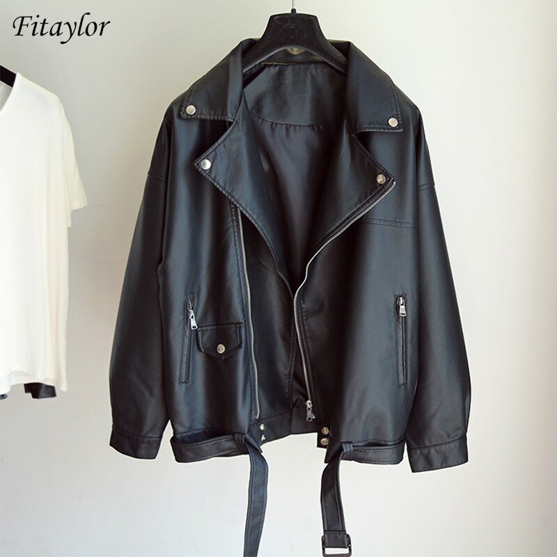 Fitaylor-Chaqueta de piel sintética para mujer abrigo negro holgado 