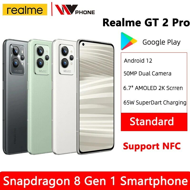 Realme 글로벌 버전 스마트폰, 듀얼 프라이머리 카메라, NFC 충전, GT 2 프로, 6.7 인치, 2K AMOLED 스크린, 50MP, 65W 슈퍼다트