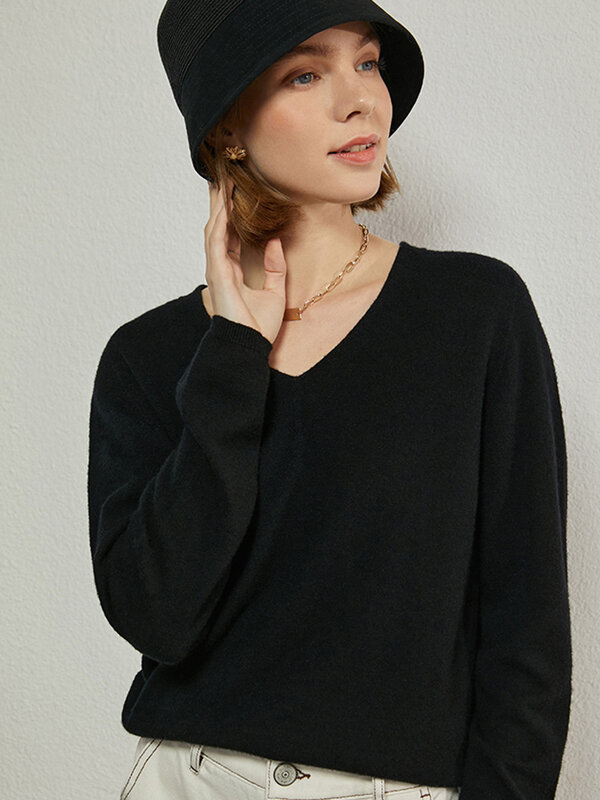 Amii-suéter minimalista de lana para mujer, Jersey holgado con cuello en V, Tops sencillos, abrigo de invierno 100%, 12041046
