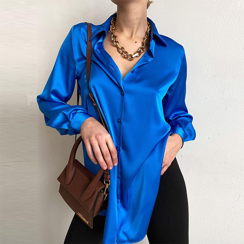 Blus Wanita Satin Blus Wanita Mode Pakaian Wanita Musim Gugur 2022 Kaus Longgar untuk Wanita OL Blus Wanita Mewah Atasan Wanita