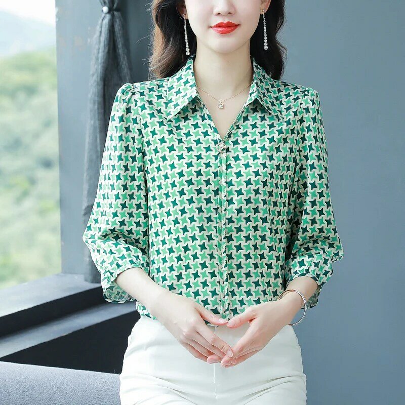 Camisa de pata de gallo para mujer, Blusa de manga 3/4 con cuello de solapa de satén, moda coreana, Movafag