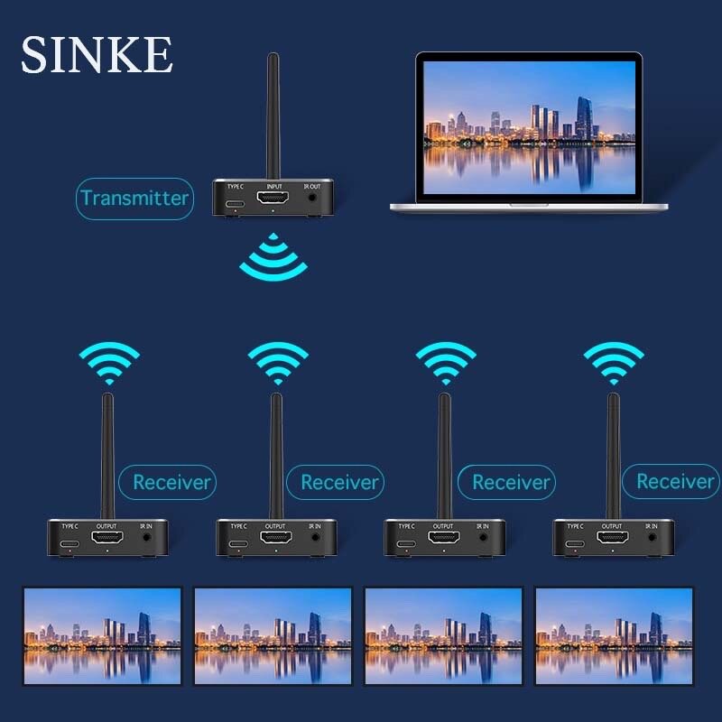 Sinke 5.8g sem fio hd transmissor de vídeo & receptor 100m hdmi extensor display adaptador dongle para tv monitor interruptor do projetor pc