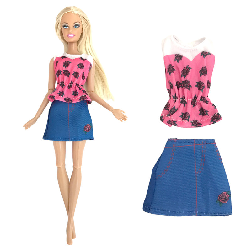 Nk oficial bonito vestido outfit saia rosa moda camisa casual vestir vestido azul para barbie boneca roupas acessórios brinquedo