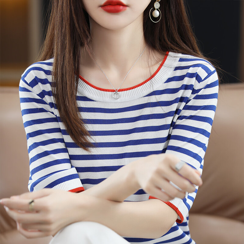 2022 뉴 여름 여성 스웨터 스트라이프 티셔츠 반팔 라운드 넥 얇은 섹션 기질 한국식 겉옷