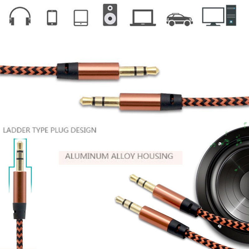 10-100 Stuks Nylon Aux Kabel 3.5Mm Male Naar Male Jack Auto Audio Kabel Vergulde Plug lijn Koord Voor Mobiele Telefoon