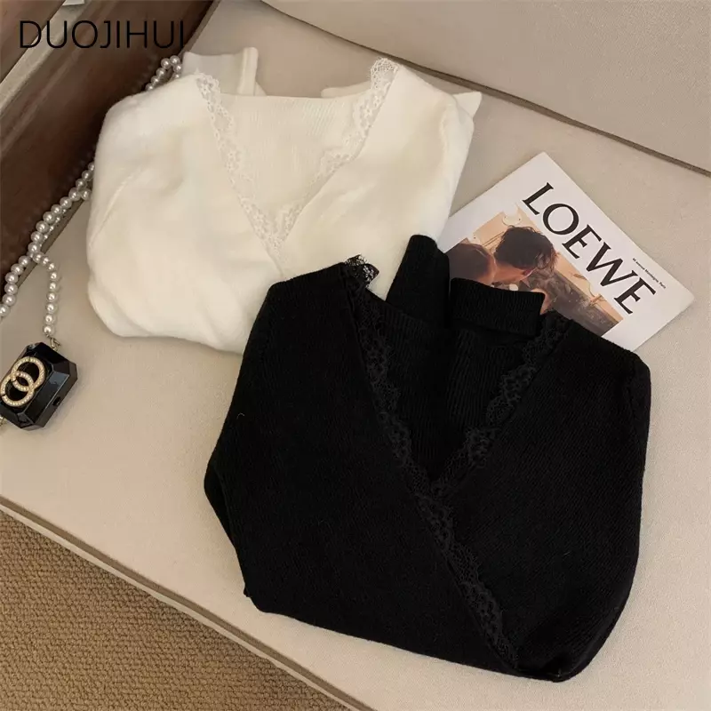 DUOJIHUI Korean Chic Lace Slim Knitting Women Pullovers Autumn New Sexy V-neck Simple Casual Fashion Pure Color Female Pullovers