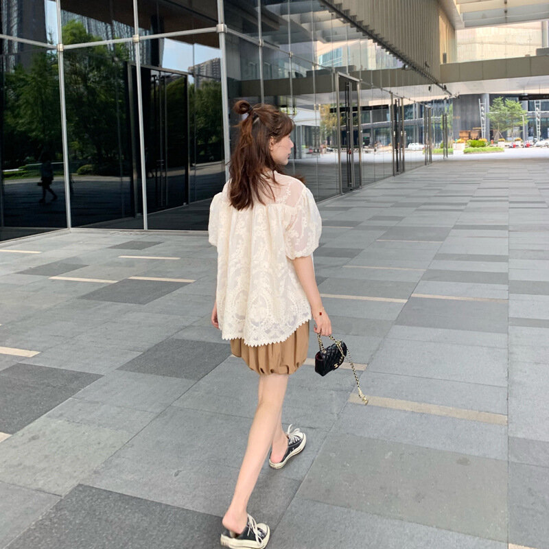 Embroidered Lace Top Fairy Summer Loose Bubble Sleeve Doll Shirt Belly Covering Blouse 2022 Summer New Women's Wear Work Office