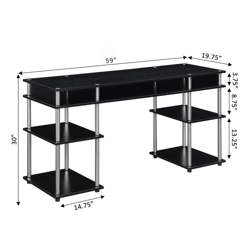 60 Inch Deluxe Student Desk with Shelves, Black/Silver Poles  Computer Table  Study Desk Office Desks