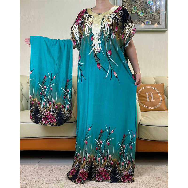 Latest African Dashiki Cotton Floral Dress Printed Short Sleeve Collect Waist Straight Loose African Women Dress with Scarf YY24