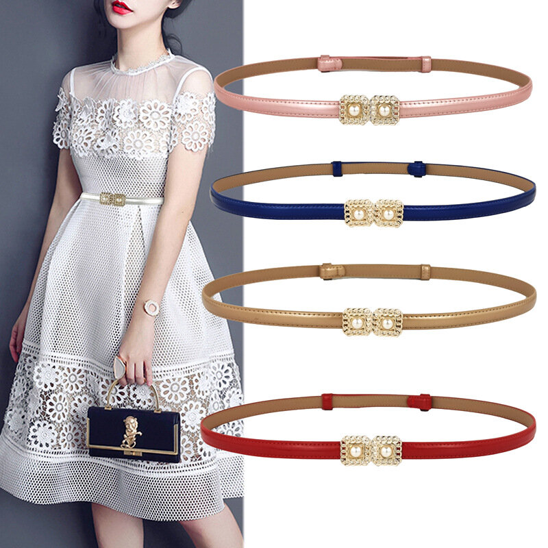 Cinturón de cuero de vaca con hebilla de perlas de dos capas para mujer, cinturón coreano de moda, sección fina Simple de charol, nuevo diseño