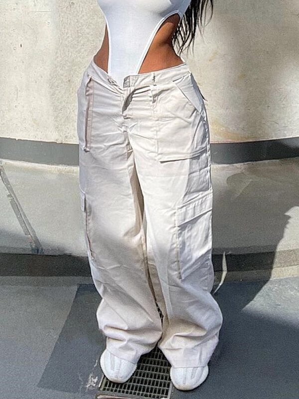 Nowy modny workowate spodnie Cargo dla kobiet Y2K modne etui ponadgabarytowe spodnie damskie luźny krój prosta szeroka nogawka spodnie typu Casual